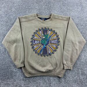 Vintage Lake Tahoe Ski Sweatshirt Mens Small Tan Cotton Downhill Ski Snowboard